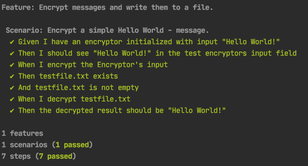 Positive result of our Cucumber test. 1 fearture with 1 scenario containing 7 steps, all green and checkmarked in the terminal.