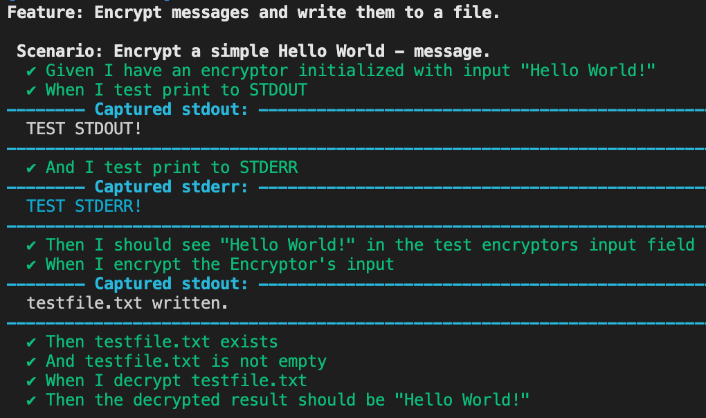 Cucumber-rust's Debug mode produces sections in the test's cli output called Captured stdout and Captured stderr respectively. Captured stdout contains stdout text in white, Captured stderr contains stderr text in blue.